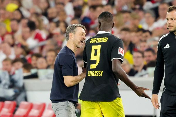 19.09.2026, Deutschland, Stuttgart, Fußball Bundesliga, VfB Stuttgart vs. Borussia Dortmund, Trainer Niko Kovac (Dortmund) Serhou Guirassy (Dortmund) *** September 19, 2026, Germany, Stuttga
