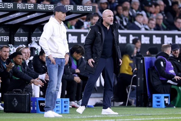 BLESSIN Alexander Trainer Team Borussia Moenchengladbach mit Sportdirektor SCHROEDER Rouven DFL Fussball Bundesliga Saison 2026 - 2027 BL Spiel Borussia Moenchengladbach - Hoffenheim 1 : 2 M