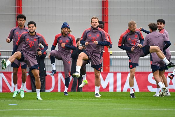 Spieler v.li:Nathaniel BROWN (Bayern Muenchen),Luis DIAZ (Bayern Muenchen),Sacha BOEY,Harry KANE (Bayern Muenchen),Konrad LAIMER (Bayern Muenchen),Aleksandar PAVLOVIC (Bayern Muenchen), Fuss