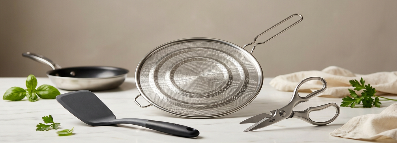 OXO Kitchen Products (spatula, scissors, grease splash lid)