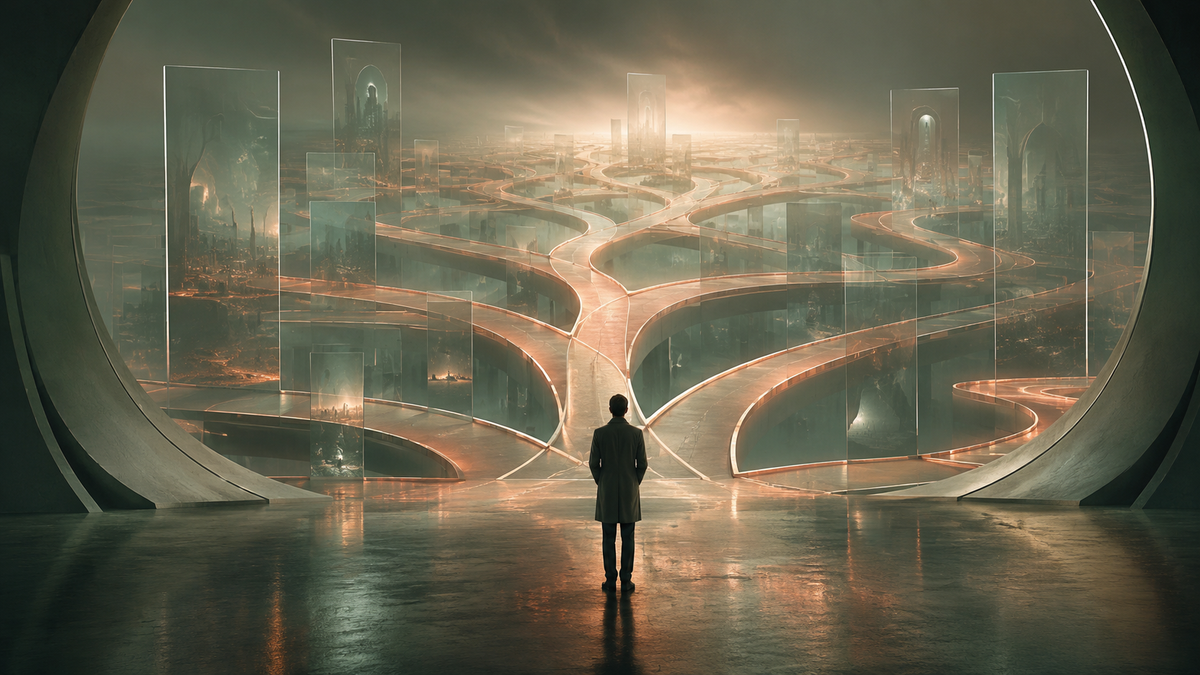 Lone figure facing endless branching career paths in a cinematic sage-green landscape.