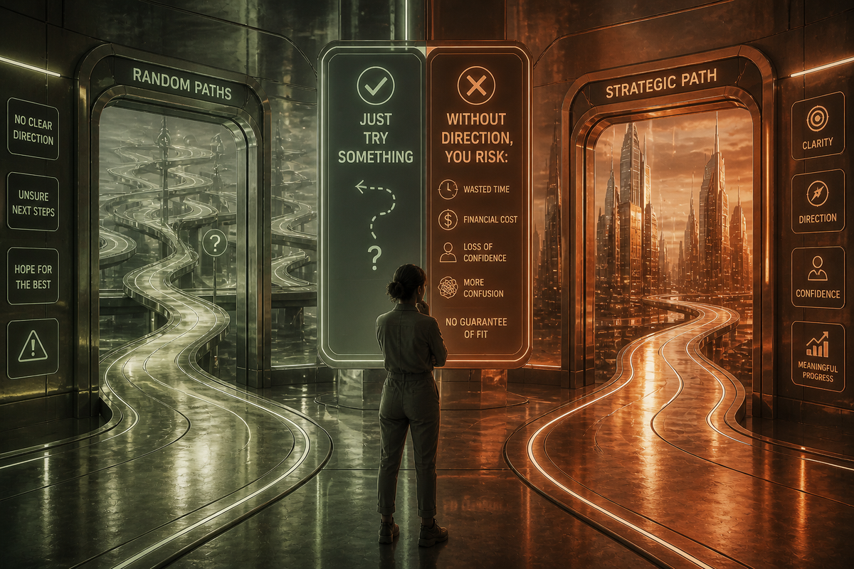 Futuristic career decision scene with person at crossroads between different paths.