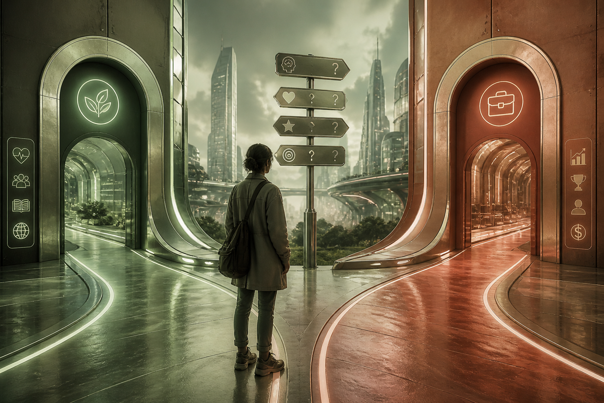 A lone figure stands in a futuristic city facing two diverging paths symbolising a difficult career choice.