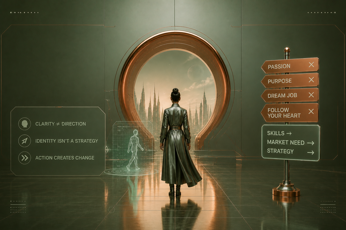Futuristic scene of a lone figure facing a portal, symbolizing strategic career change over self-discovery