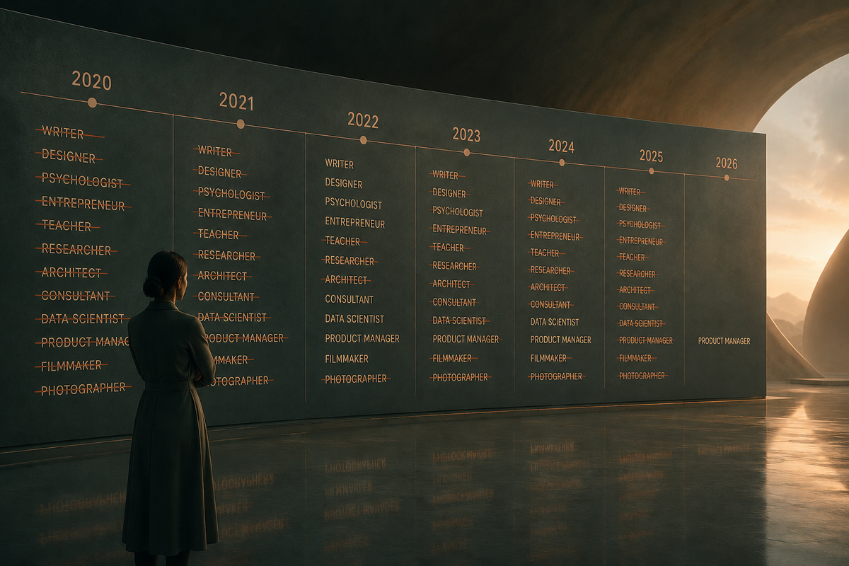 A timeline showing career options being crossed out over months, with fewer remaining at the end than the beginning