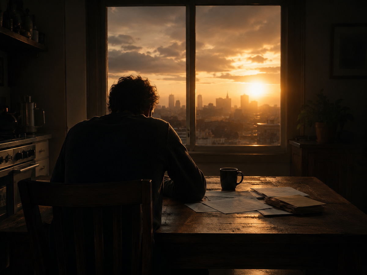Silhouetted figure hunched at a kitchen table with scattered papers and a coffee mug, city sunrise through the window at dawn.