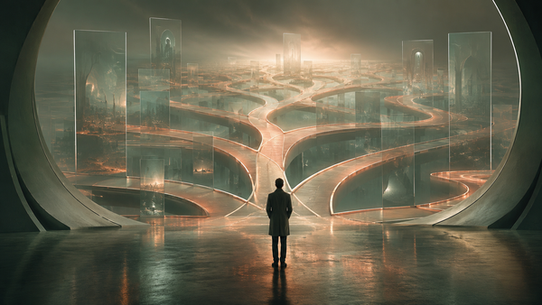 Lone figure facing endless branching career paths in a cinematic sage-green landscape.