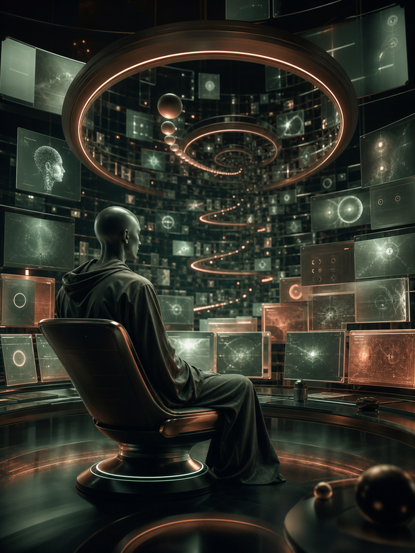 Humanoid figure trapped in endless career research interfaces and glowing analysis screens.