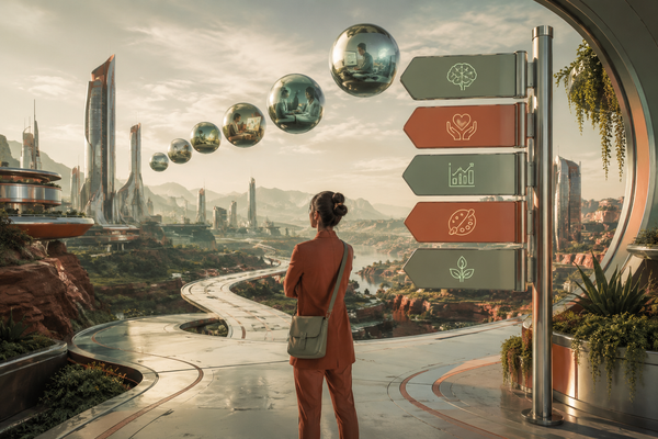 Futuristic career decision landscape in metallic sage and terracotta showing recurring career ideas, decision paralysis, and familiar career paths in a realistic sci-fi environment.
