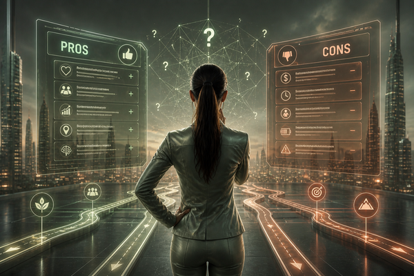 A figure of a woman looking at two pros and cons screens trying to decide on a career change.