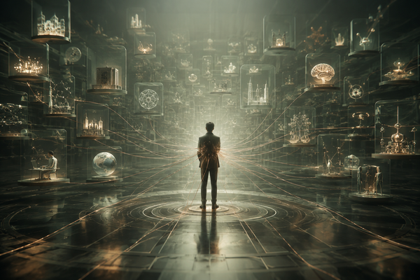 Person standing in a futuristic room surrounded by glowing career paths and holographic decisions, symbolizing career indecision and overthinking.