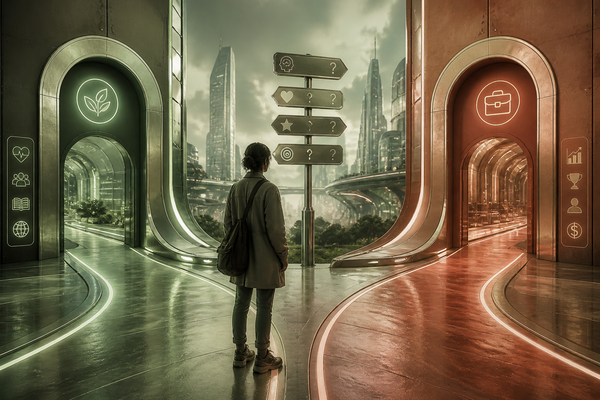 A lone figure stands in a futuristic city facing two diverging paths symbolising a difficult career choice.
