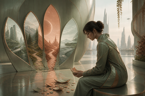  scene of a lone figure facing a portal, symbolizing strategic career change over self-discovery