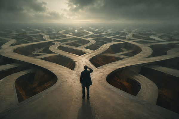 A person standing at a crossroads with too many unmarked paths, looking overwhelmed by the number of directions
