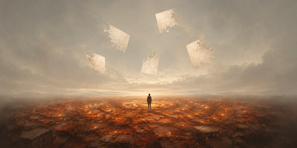 Small silhouetted figure standing beneath floating panels of different career scenes dissolving into amber embers