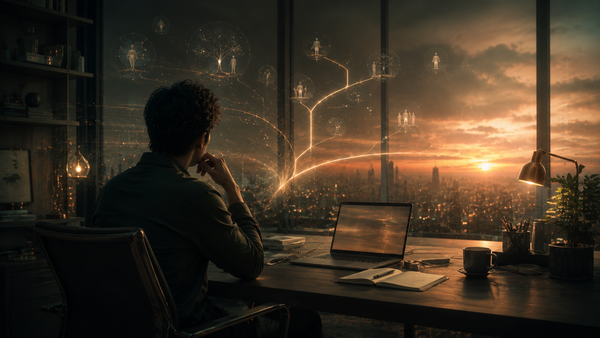 Person seated at a desk in soft evening light, gaze turned away from the screen