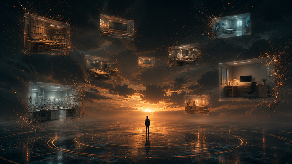 Small silhouetted figure standing beneath floating panels of different career scenes dissolving into amber embers