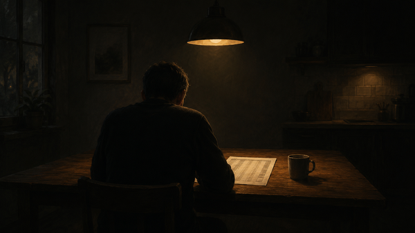  A man in their mid-forties seen from behind, seated at a wooden kitchen table under a single warm amber lamp reviewing a printed spreadsheet in a shadowed room.