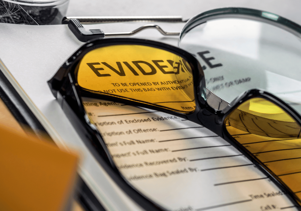 A person wearing blue light glasses and looking at a device with a UV light