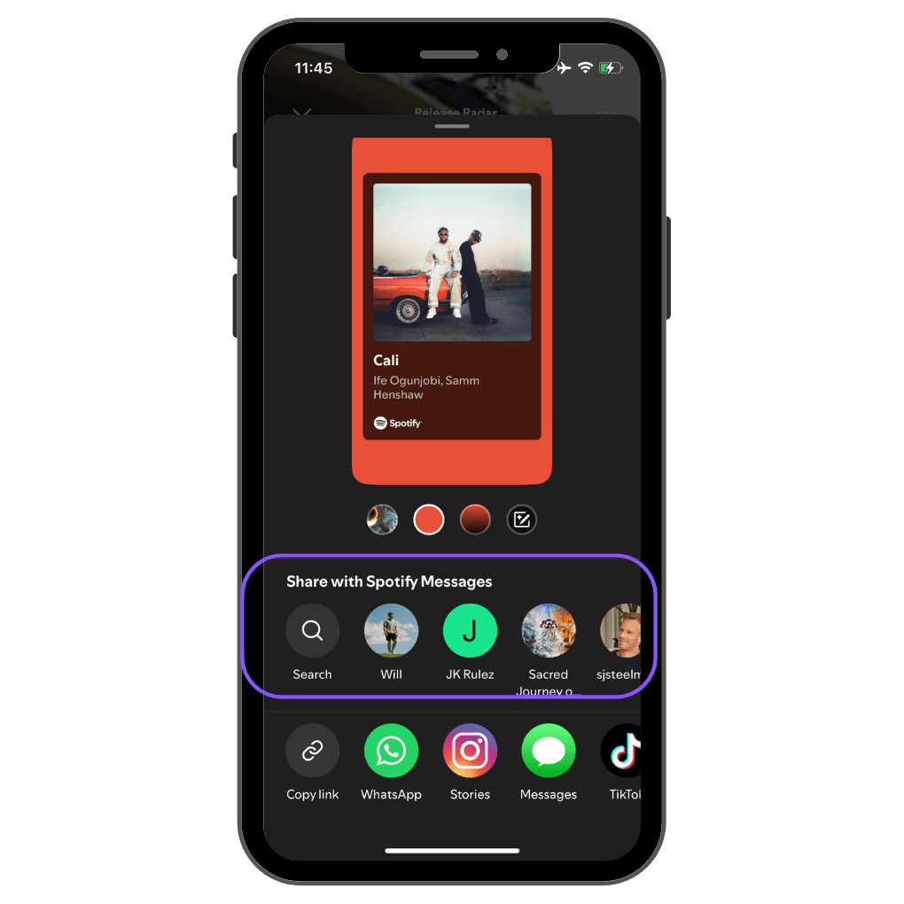 Spotify share menu with suggested contacts under Share with Spotify Messages.