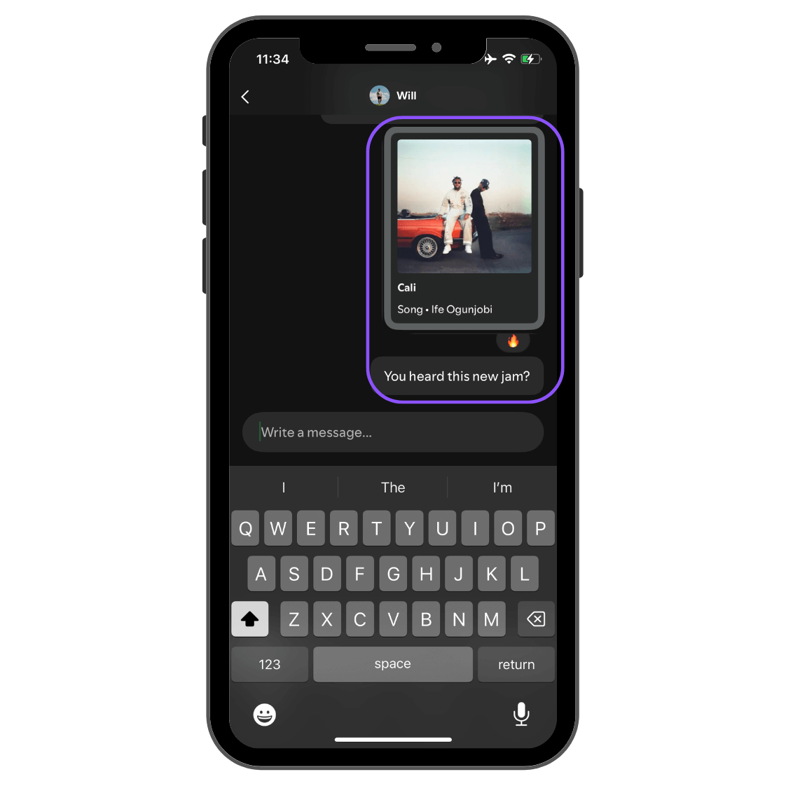 Spotify Messages chat showing a shared song, emoji reaction, and text message.