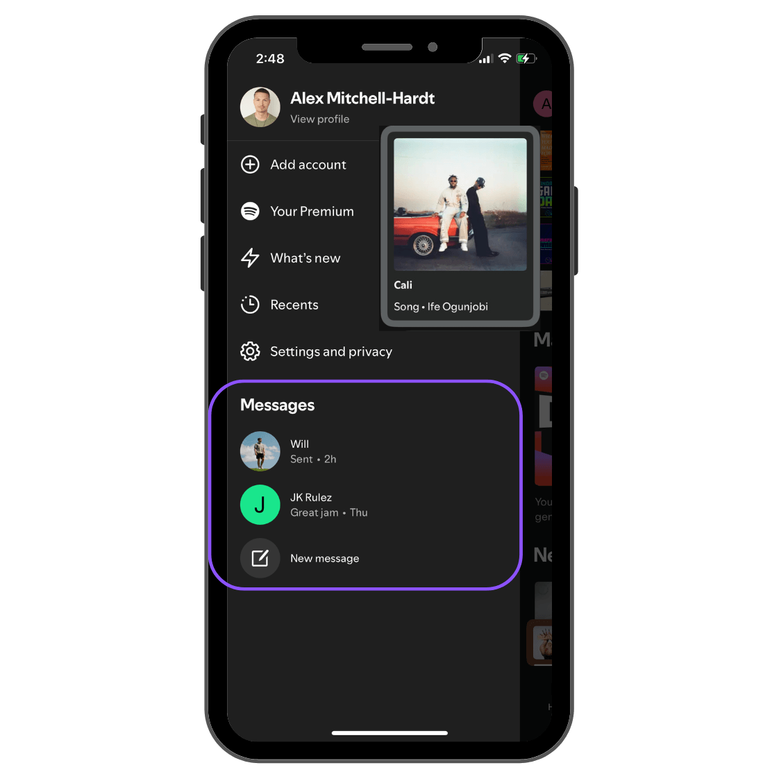 Spotify mobile profile menu with recent Messages and the New message option highlighted.