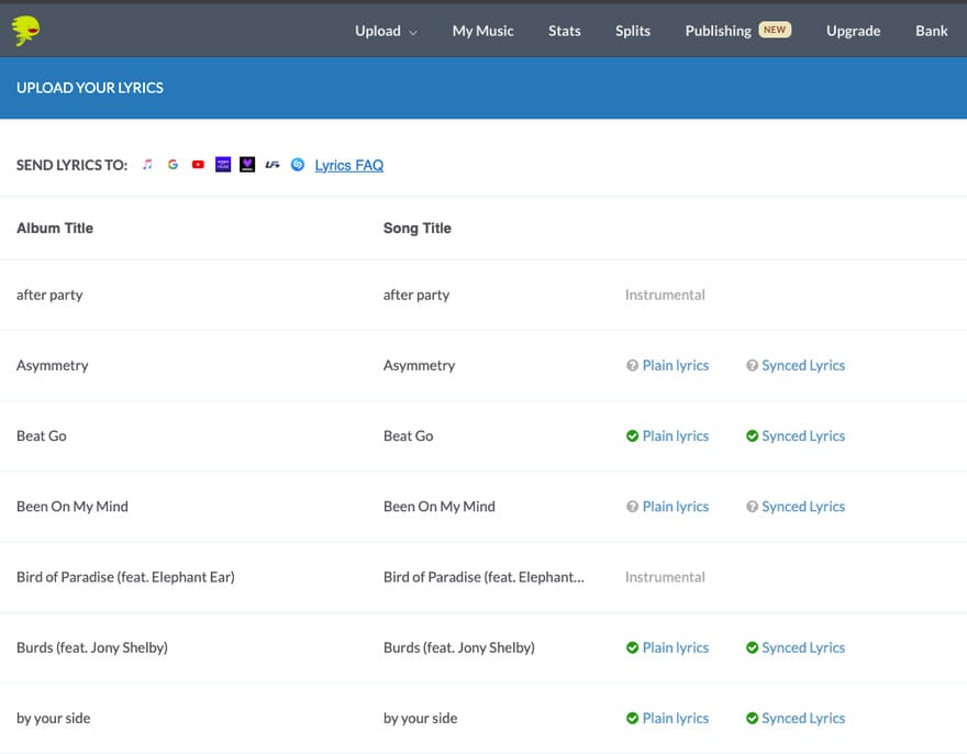 DistroKid lyrics dashboard showing plain lyrics and synced lyrics submission options for songs distributed to streaming platforms.