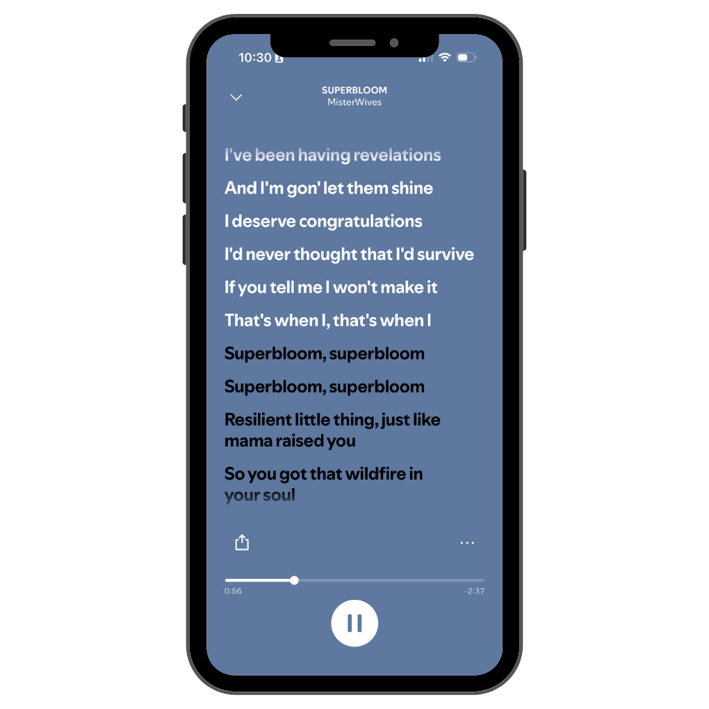 Spotify mobile app displaying synchronized lyrics for “Superbloom” by MisterWives during playback.