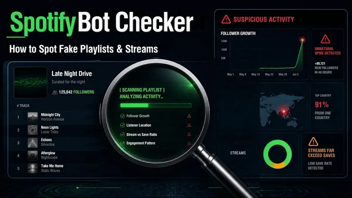 Spotify Bot Checker dashboard showing playlist follower spikes, listener locations, and suspicious streaming activity