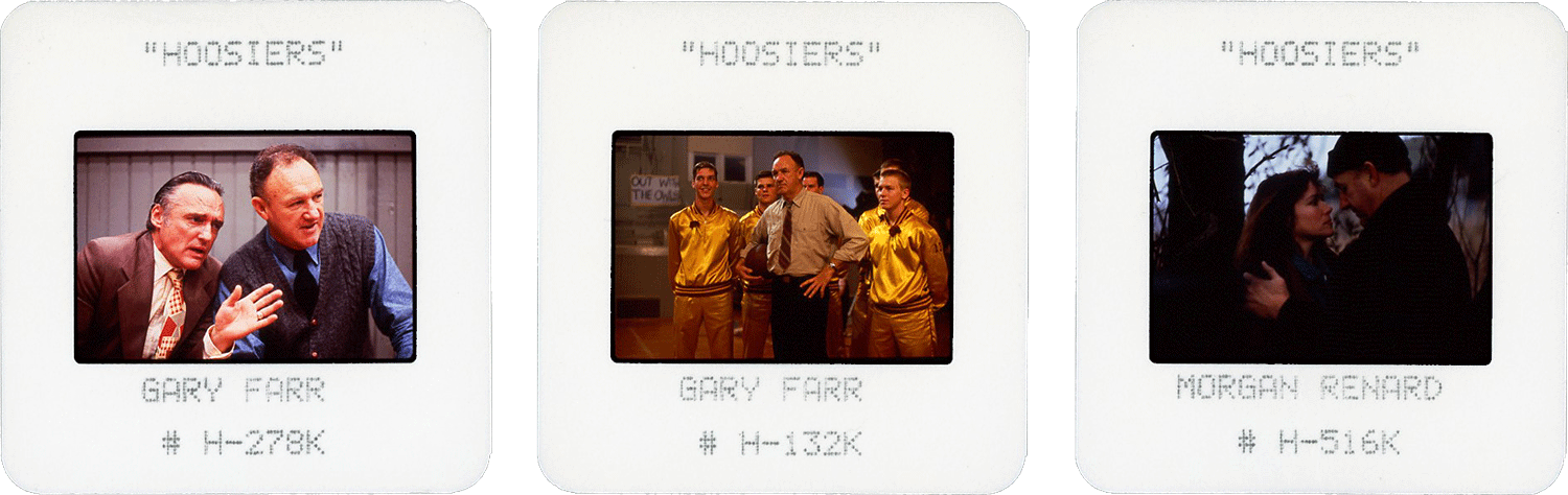 HOOSIERS slides; photos by Gary Farr and Morgan Renard, courtesy of Orion Pictures Corp.