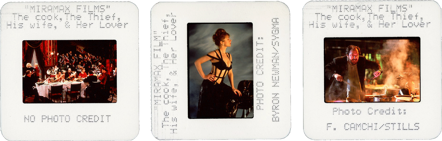 THE COOK, THE THIEF, HIS WIFE & HER LOVER slides; photos by Byron Newman and F. Camchi, courtesy of Miramax Films