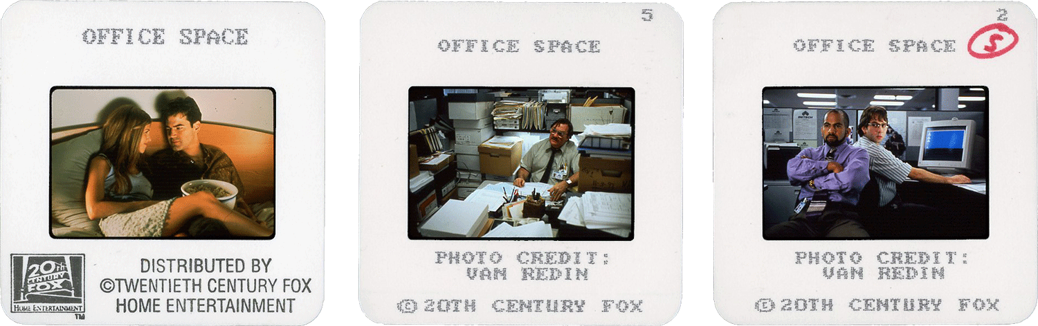 OFFICE SPACE slides; 1st & 2nd photos by Van Redin, courtesy of 20th Century Fox.