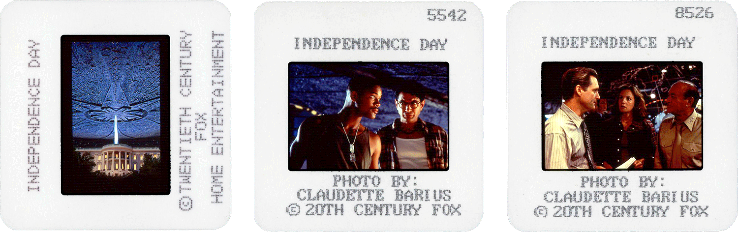 INDEPENDENCE DAY slides; left two photos by Claudette Barius, courtesy of 20th Century Fox