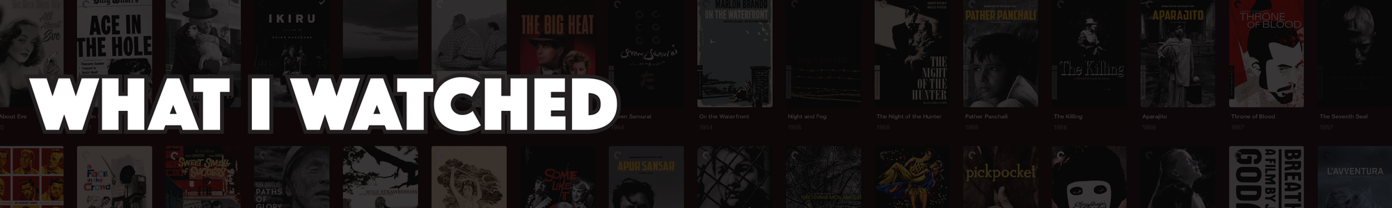 Header: What I Watched in bold white atop a darkened image of Criterion Collection covers.