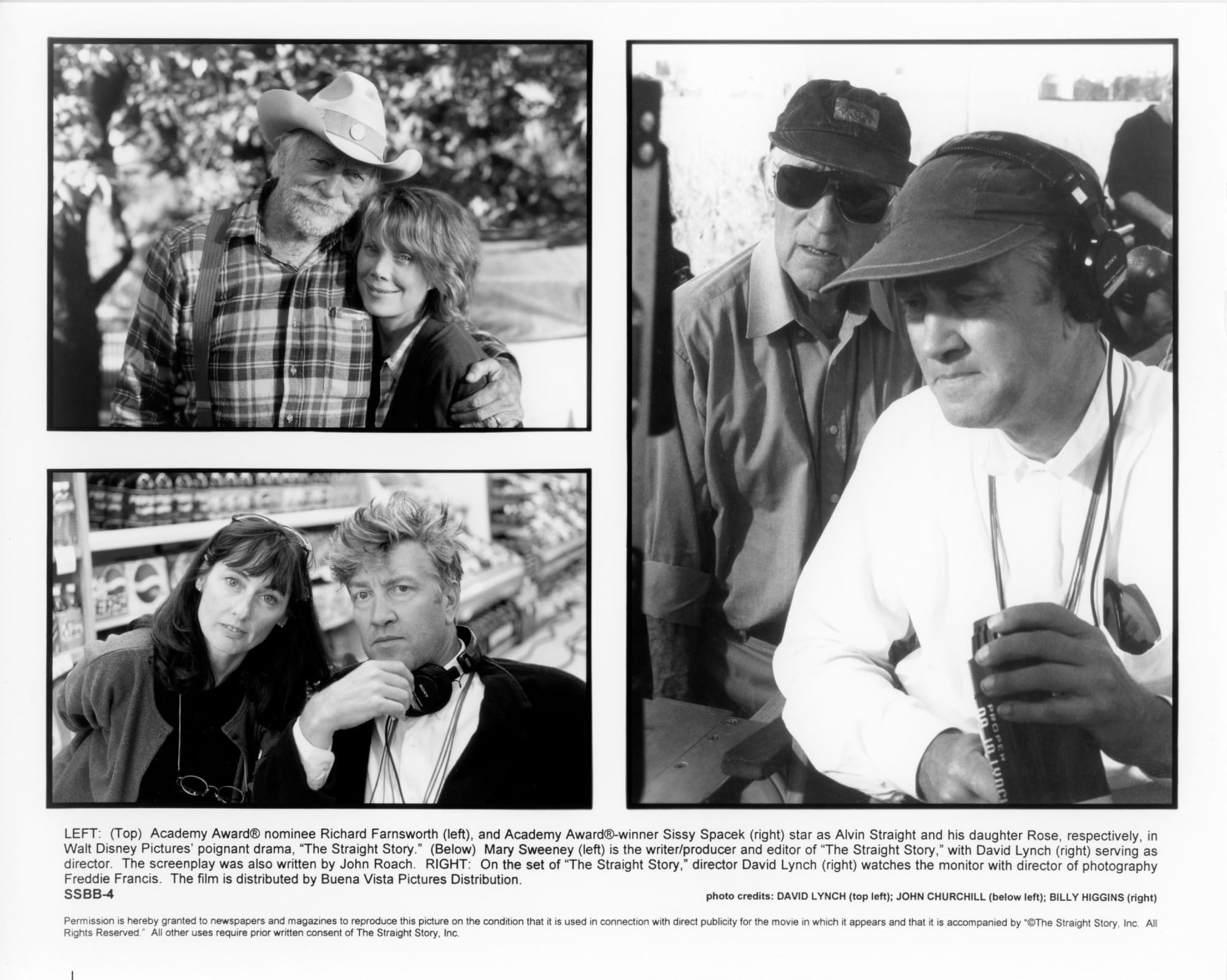 Three B&W photos. Top left: Richard Farnsworth and Sissy Spacek posing for the camera, his arm around her shoulder. Bottom left: Mary Sweeney (writer/producer/editor) and David Lynch (director) sitting side by side on set, he has headphones around his neck. Right: Freddie Francis (director of photography) stands behind Lynch as they watch a monitor.