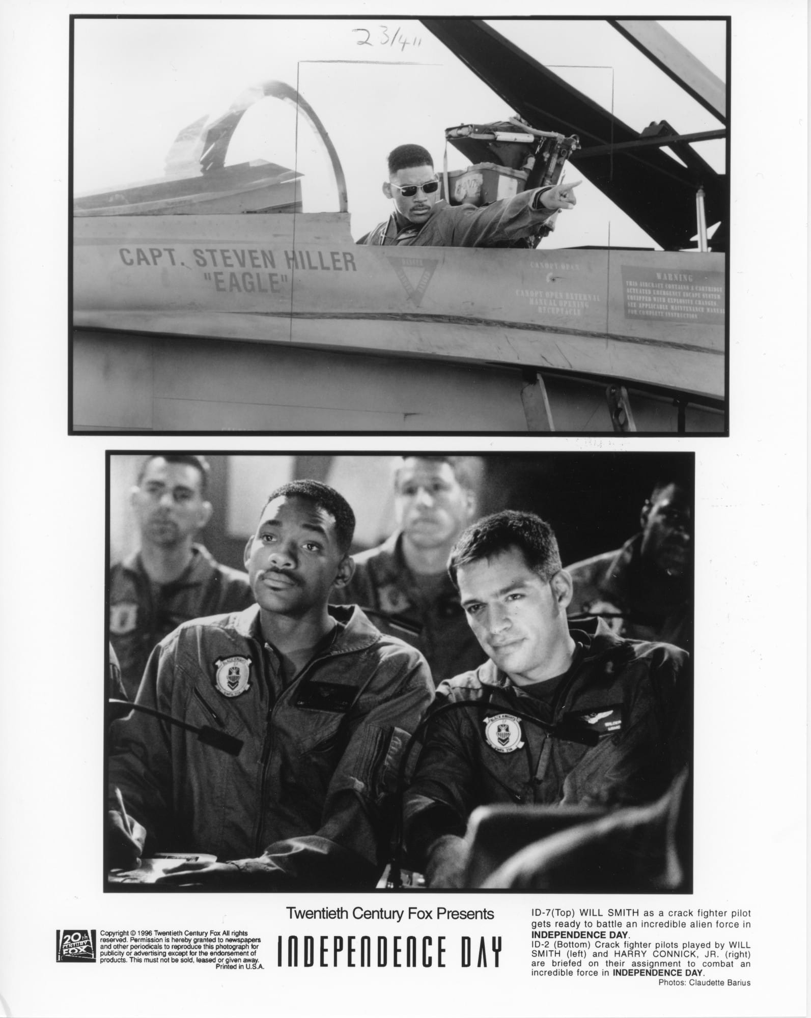 Top - Will Smith shown in a jet with sunglasses on and pointing off-frame. Bottom - Will Smith and Harry Connick Jr. shown sitting next to each other in flight suits, presumably looking and listening to an officer.