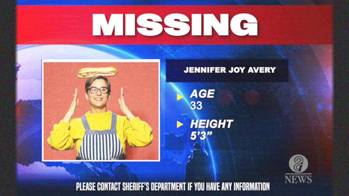 A "Missing" TV news bulletin for Jennifer Joy Avery, Age 33, Height 5'3" with a photo of her balancing a submarine sandwich on her head. "Please contact sheriff's department if you have any information."