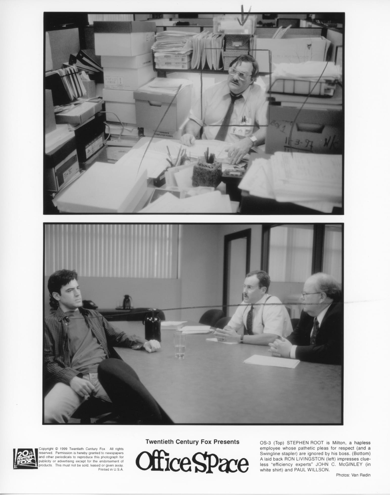 (Top) Shot is angled from above to find a man in thick-lensed glass at his desk surrounded by mountains of file boxes. (Bottom) Two men in ties sit across a conference room table to talk to a man in an unbuttoned collared shirt.