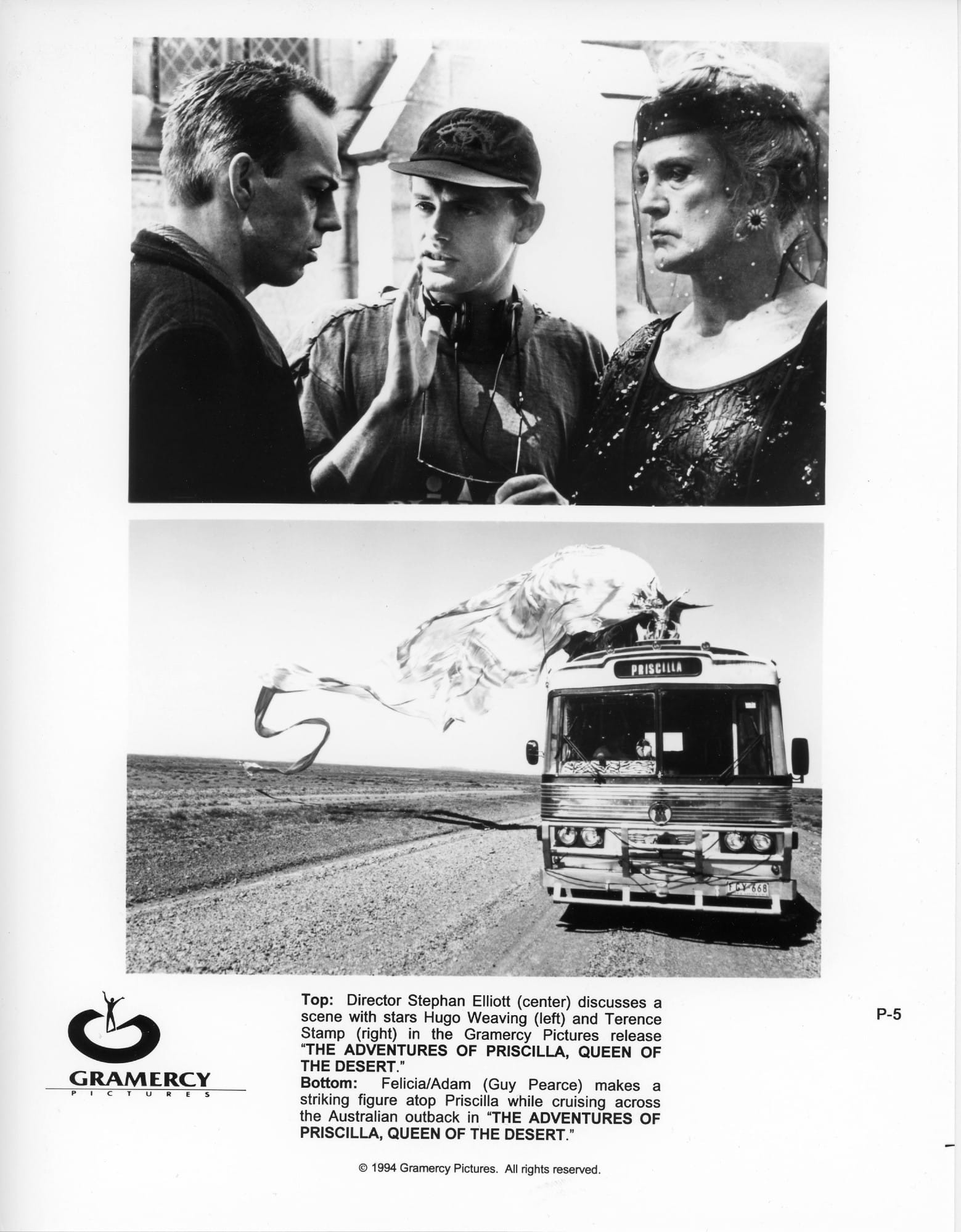 Top: the director in a ball cap (center) directs two actors. Bottom: a bus drives through the desert towards the camera as someone stands on the roof with a long flowing piece of fabric waving in the wind.