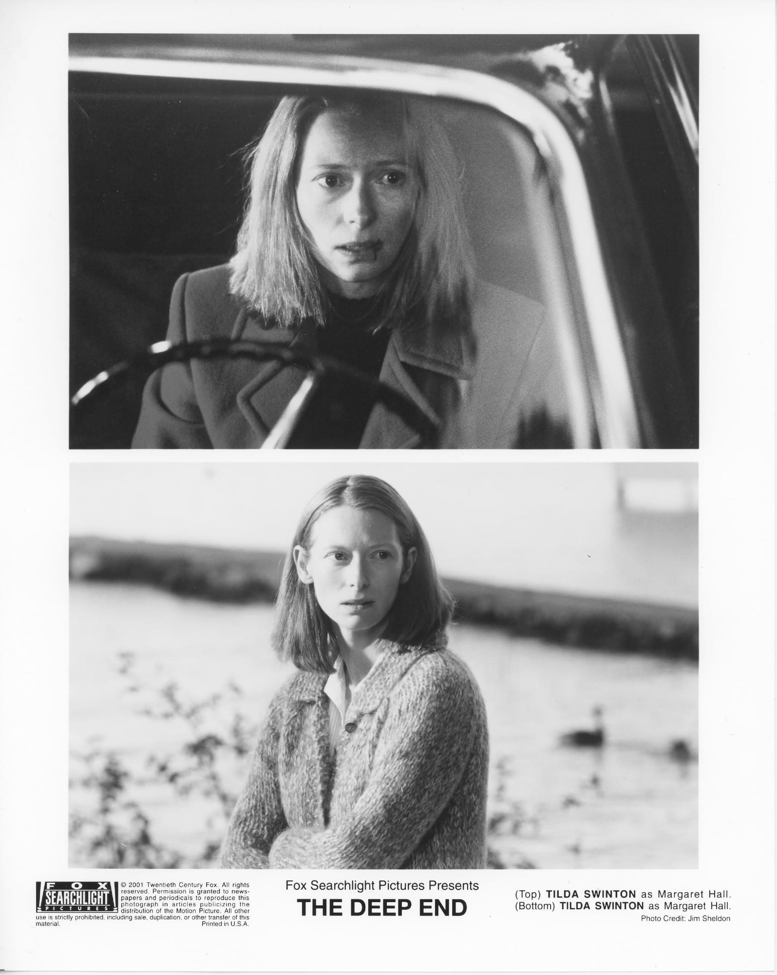 Top: A woman is a bloody lip is seen behind the wheel of a car. Bottom: A woman is seen wearing a sweater with arms folded, a pond of ducks behind her.