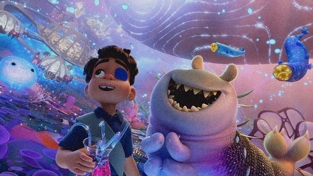 A human boy and a slug-like alien look on in glee at the colorful world surrounding them on a space base commune.