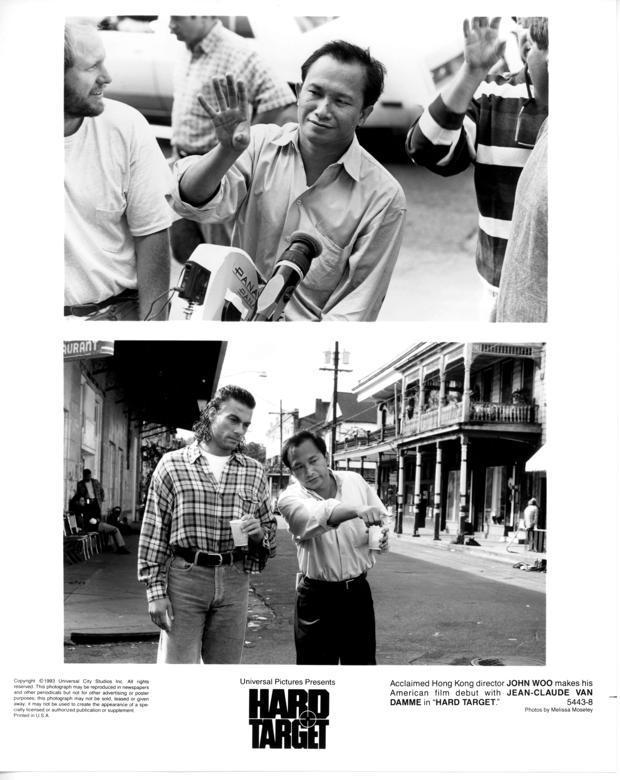 Top photo: a man sits behind a camera smiling with his right hand raised with all fingers pointing upwards and his thumb sticking forward. Bottom photo: Two men stand in a street holding drink cups. The shorter man points forward as the younger man looks.