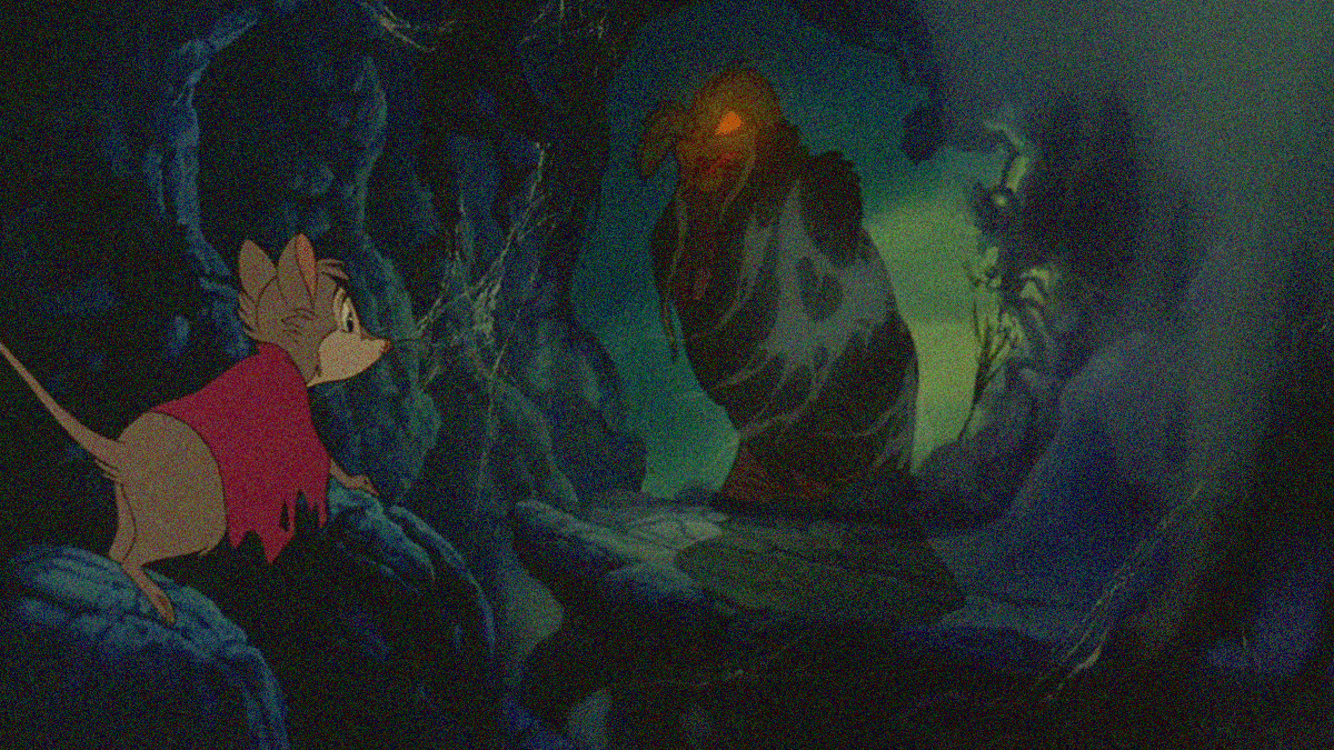 A mouse in the foreground wearing a red cape looks to the background where a old, cobweb-covered owl with glowing eyes awaits.