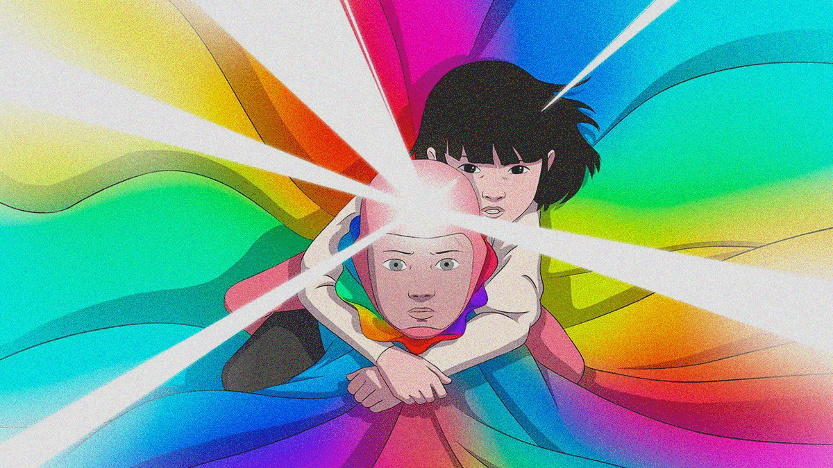 Animated scene of a young girl hanging on the back of a young boy with arms around his neck. A bright light shines from his forehead as his cape fills the frame with rainbow colors.