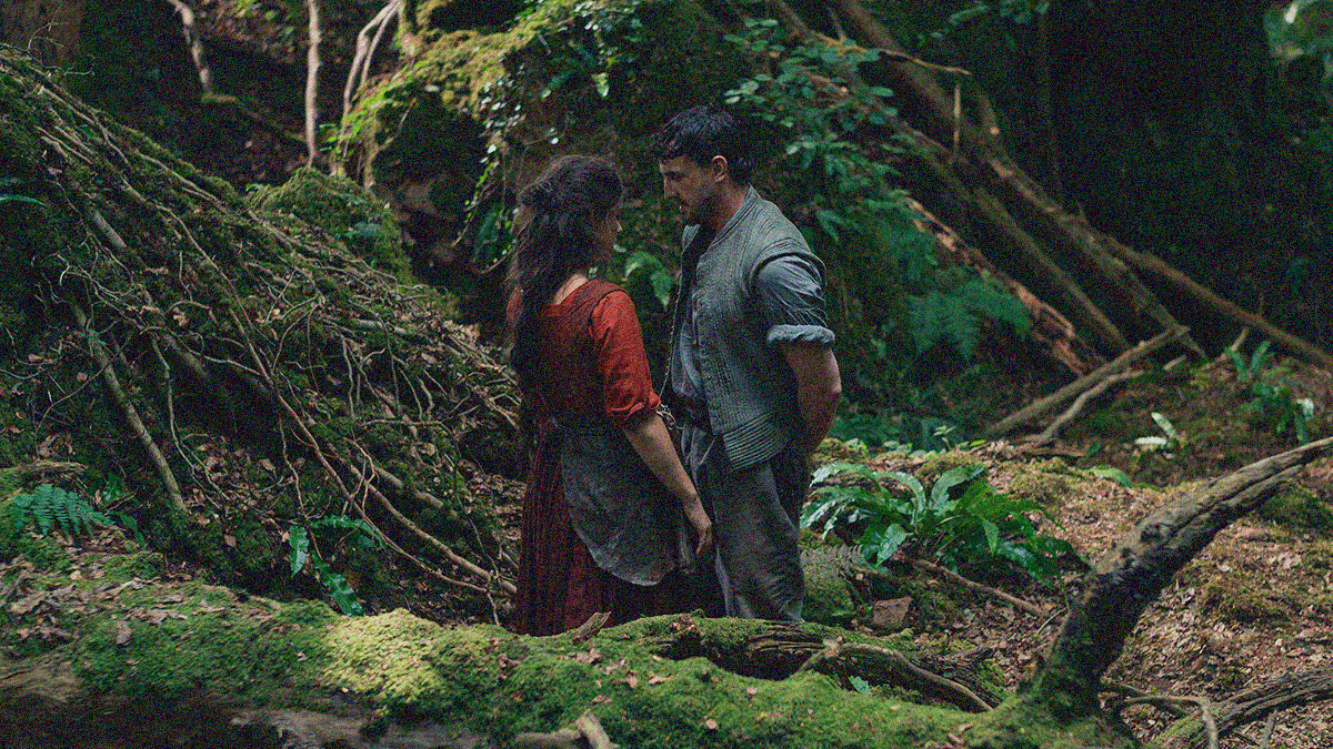 A woman and man stand in profile to us but face to face to each other in the forest with large tree roots in front or and behind them.