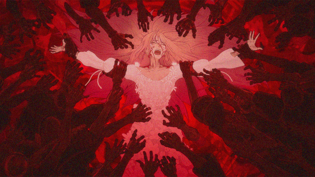 A woman in white dress screaming center frame as shadowy hands reach and surround her to drag her down.