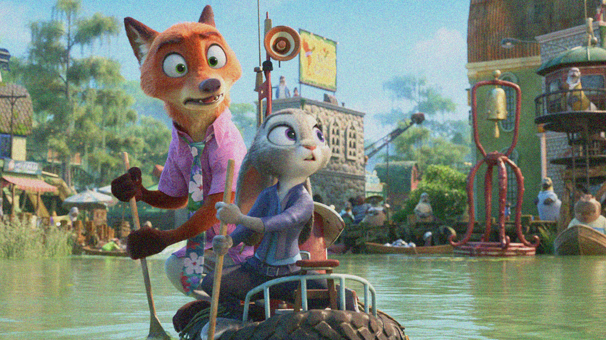 A cartoon fox and bunny are rowing a rubber tire boat through water while nervously looking off-screen.