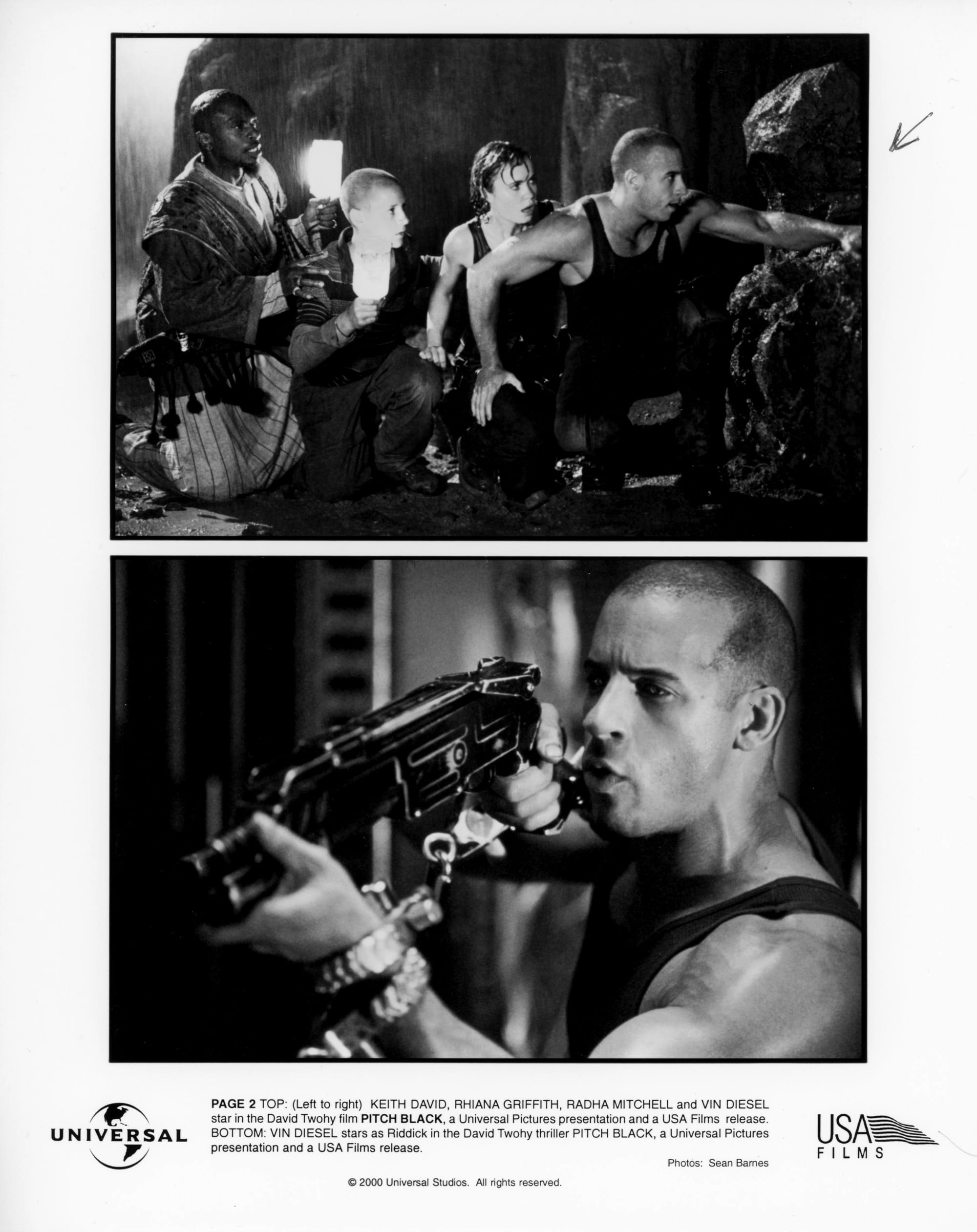 B&W Publicity Photos: Top - group shot of four characters crouching in the dark and facing right in profile. Bottom - A bald man in close-up pointing a gun towards the bottom left corner.
