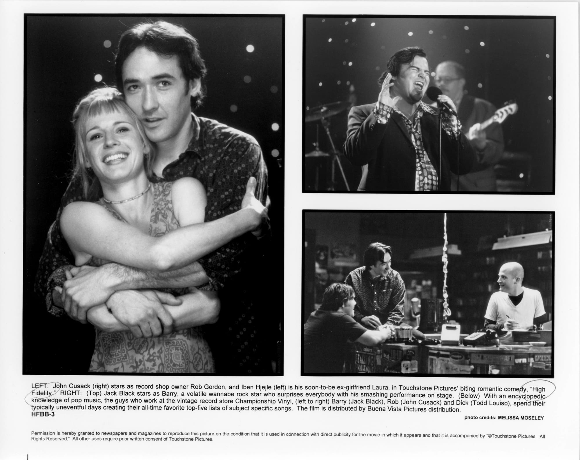 B&W Publicity Photos: Left - A man and woman standing and looking past camera, her in front of him with arms wrapped around each other. Top Right: A man is singing passionately on-stage at a microphone, eyes closed and hand up by face. Bottom Right: Three men laugh together at a store counter.