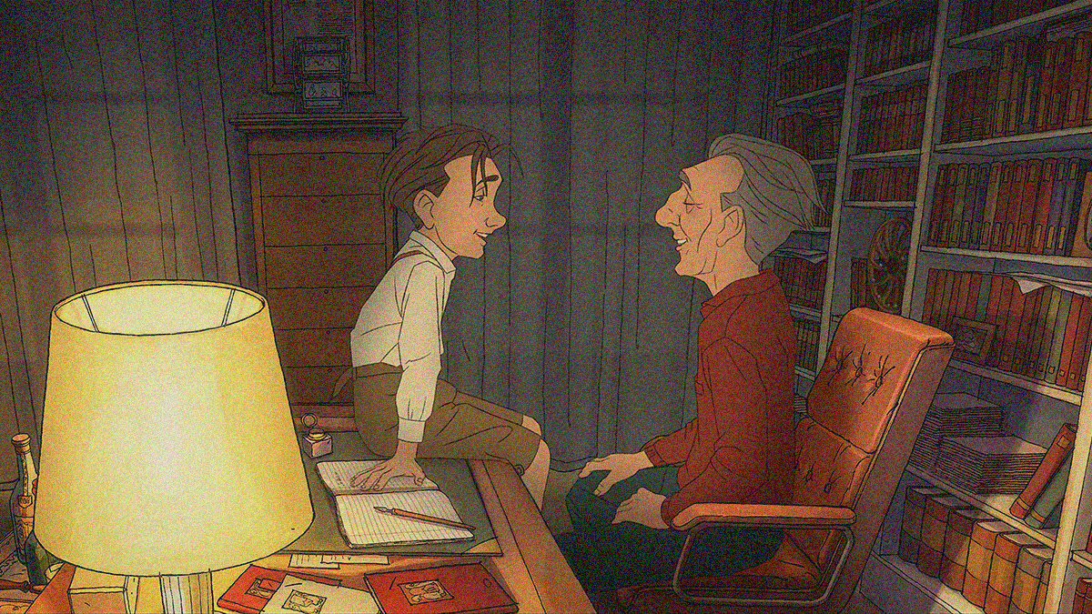 Animated frame of an older man sitting at a desk with bookshelf behind him talking and laughing to a younger version of himself sitting on the desk.